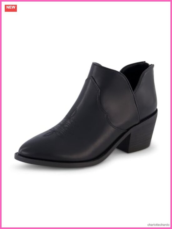 Shoes - Women's Western Ankle Boots, Faux Leather Cowboy Boots with Pointed Toe, Low